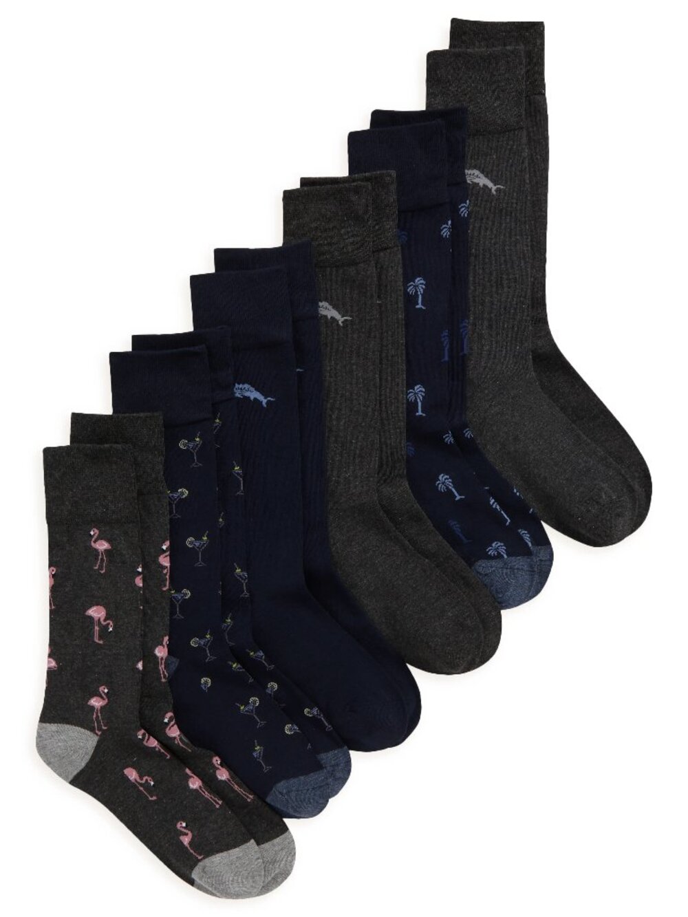 Tommy Bahama 6 Pack Crew Socks Martinis Palms Flamingos Marlin Navy Grey $82.50